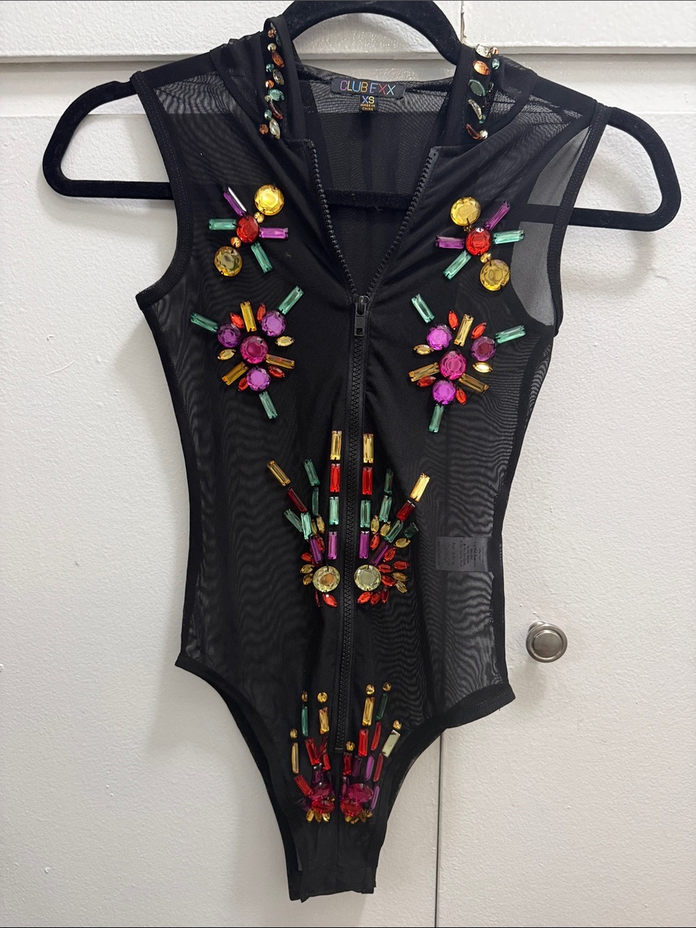 Club Exx Black Mesh hooded Bodysuit with Multicolor Jewel Accents XS